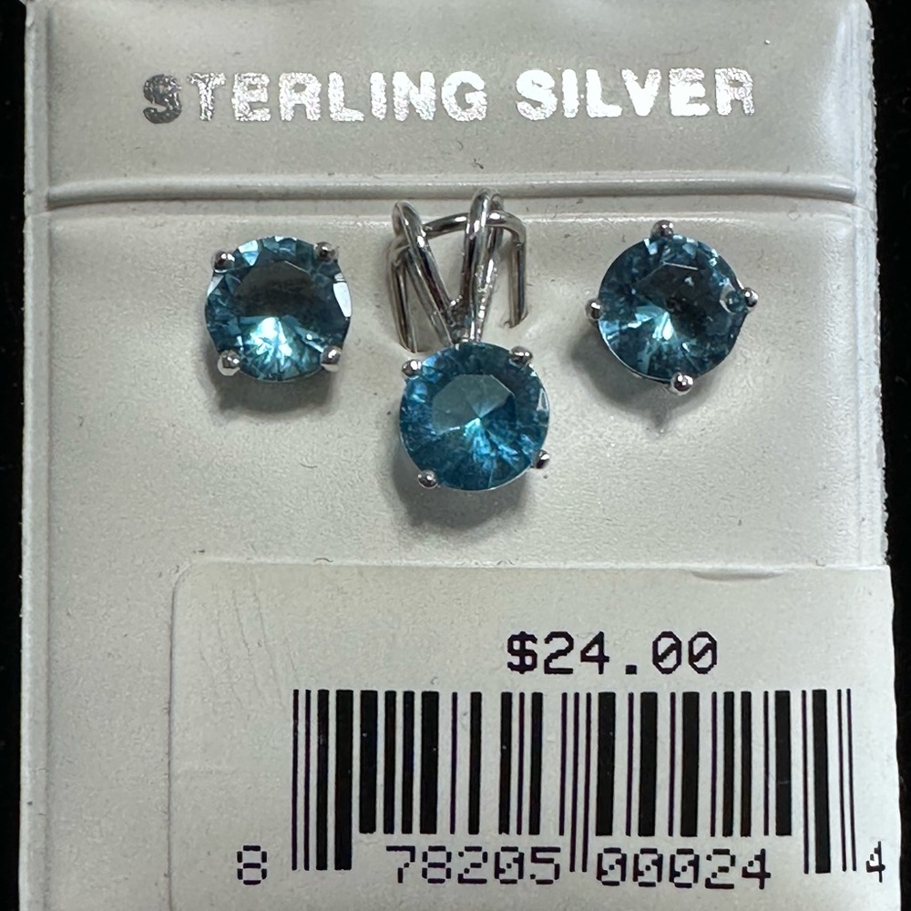 378- Sterling Silver Blue Aqua Gemstones pierced Earrings and Pendant Set